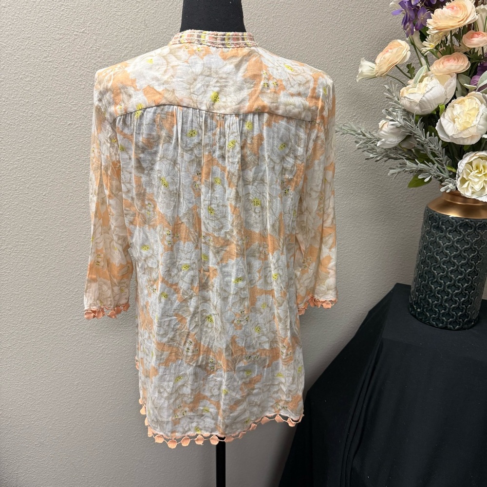 Felicity Jade Peach Floral 100% Cotton Tunic Top Boho Embroidered Trim M - Picture 4 of 9